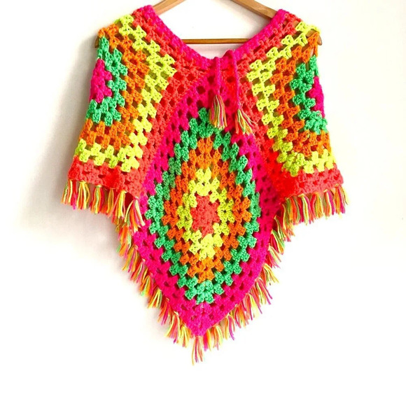 Vintage  Handmade Colourful Neon Colours Festival Poncho - Picture 2 of 5